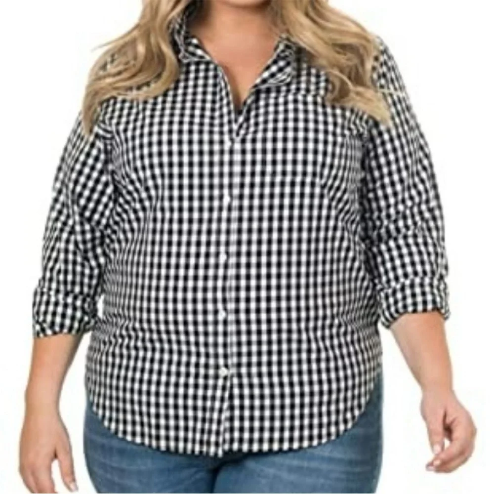 LRL Black & White Gingham Button Down Top Plus Size 2X Plaid Classic Preppy - Picture 1 of 6
